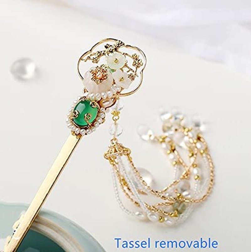 Yuri Hairpin Hair Clasp Sticks Picks Pearl Shell White Crystal Long tassels Hair Accessories For Long Hair Women Wedding Hanfu Cheongsam (green jade)