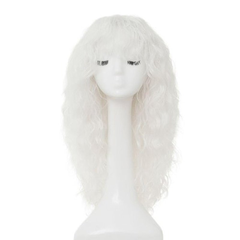 Salaibs White Curly Long Wig for Women with Bangs Fluffy Synthetic Natural Wavy Halloween Cosplay Hair Wigs