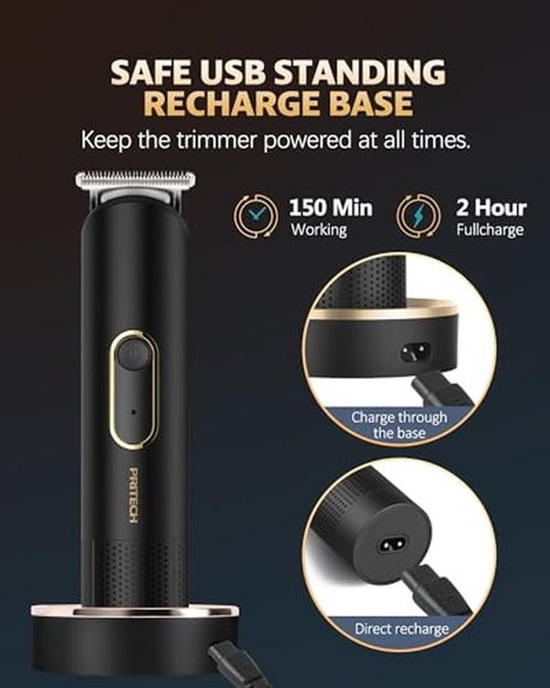 PRITECH Manscape Trimmer for Men, Beard Trimmer for Men, Rechargeable Shavers for Men, Electric Razor for Men, Cordless Hair Clippers, Waterproof Body Trimmer with Standing Recharge Dock(Black)