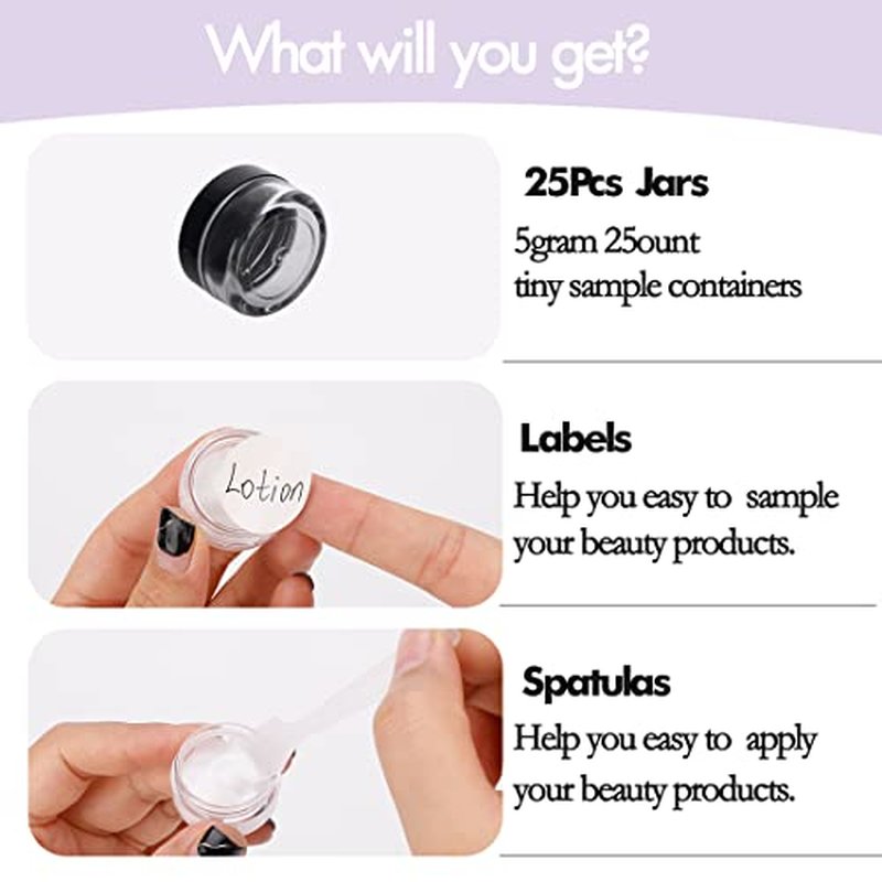 5 Gram Sample Containers with Lids, 25 Count 5ML Sample Jars, Empty Cosmetic Containers with Lids, Small Makeup Travel Containers for Glitter, Lotion, Cream, Beads, with Labels, Mini Spatulas