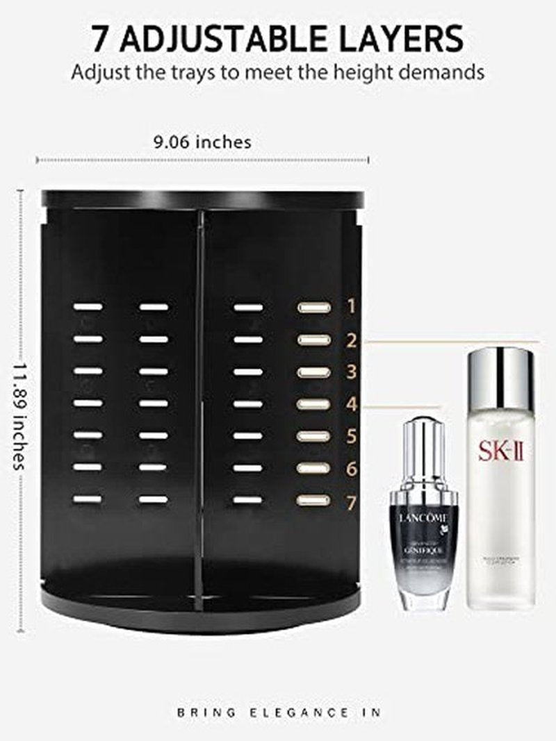 Syntus 360 Rotating Makeup Organizer, Adjustable Bathroom Makeup Spinning Storage Holder, Large Capacity Carousel Cosmetics Display Cases for Vanity, Skincare, Countertop Organization, Black