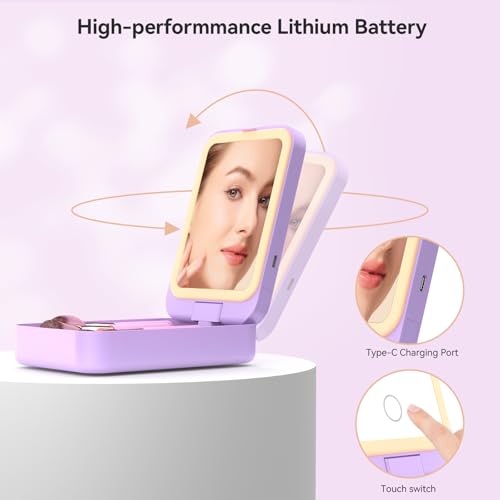 Birthday Gifts for Women-Travel Makeup Brush Set with LED Light Mirror, Travel Essentials for Women, Teen Girl Gifts Trendy Stuff, Bbridesmaid Gifts ideas (K-Purple)