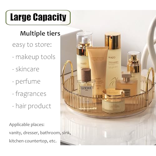 Zufudo Rotating Makeup Organizer 2 Tier Lazy Susan Trays Skincare Perfume Organizer for Bathroom Counter Vanity, Amber Gold