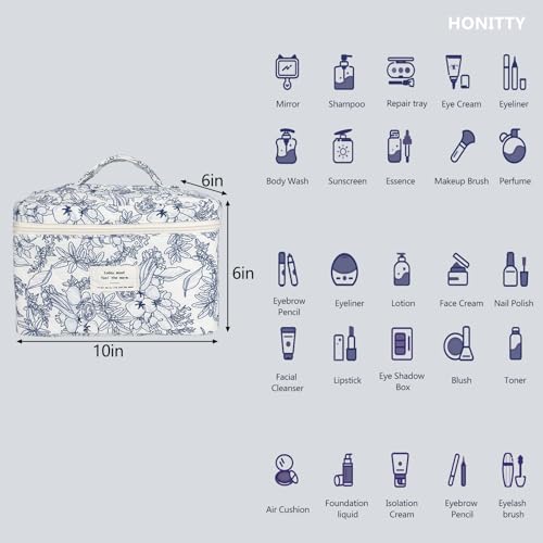 Makeup Bag,Quilted Cosmetic Bag,Large Floral Make Up Bag for Women,Cotton Makeup Bag Set,Flower Travel Toiletry Bag