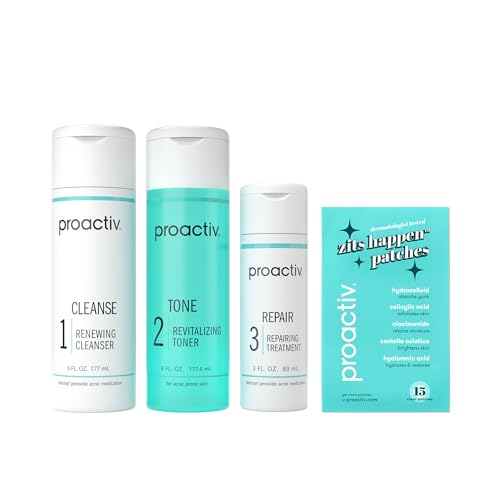 Proactiv 3 Step Acne Treatment w/ Pimple Patches - Benzoyl Peroxide Face Wash, Repairing Acne Spot Treatment for Face and Body, Exfoliating Toner - 90 Day Complete Acne Skin Care Kit + Pimple Patches