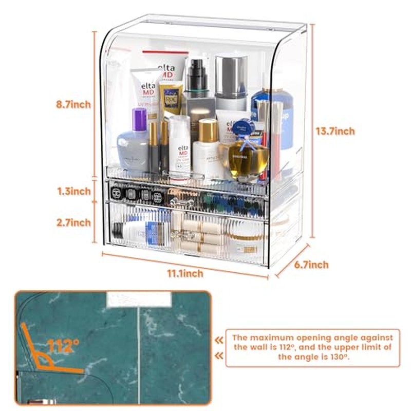 Clear Make up Organizers and Storage for Vanity With Dustproof Lid,Large Skincare Organizer and Bathroom Counter Organizer With 2 Drawers For Cosmetics,Lotion,Beauty Product Dresser Top Organizer Box
