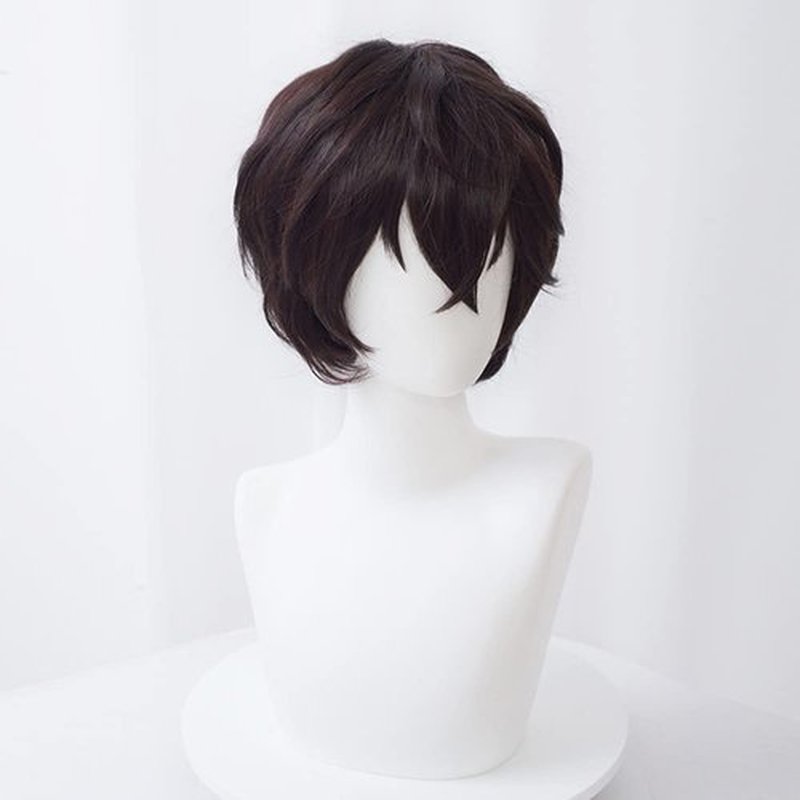 Short Brown Wig Cosplay Costume Male Men Anime Layered Fluffy Character Costume Wig Heat Resistant Halloween Party Wig + Wig Cap (Dark Brown)