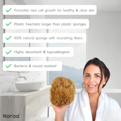 Naroa Exfoliating Natural Sponge for Shower | Bath Sea Loofah for Healthy Skin | Unbleached Bathing Body Scrubber Puff | Sustainable Plastic Free (Small)