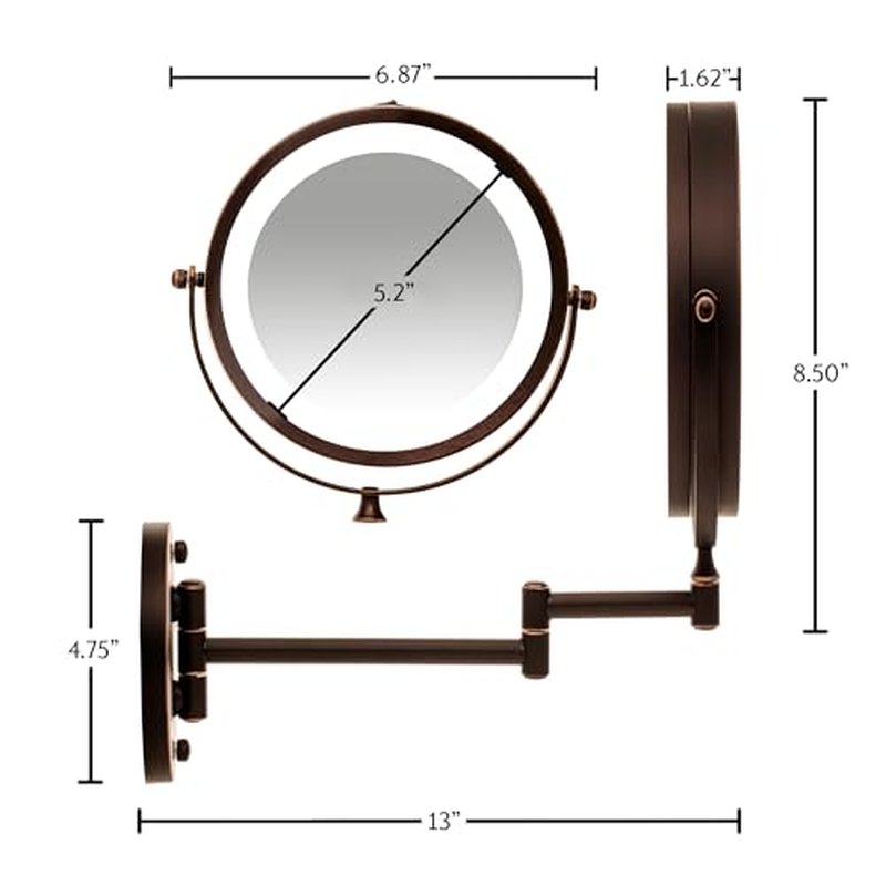 OVENTE 7" Lighted Wall Mount Makeup Mirror with 1X/10X Magnification, Cordless Double Sided Magnifying Round Vanity Mirror, 360° Swivel Design, Extendable and Folding Arm, Nickel Brushed MFW70BR1X10X
