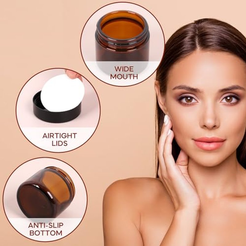 Jaisie.W 2 oz Amber Glass Jars with Lids 24Pack- Portable Glass Cosmetic Jars with Lids 2 oz,Empty Amber Glass Jars with Lids for Lotions,Scrubs(2fl. oz, Set of 24)