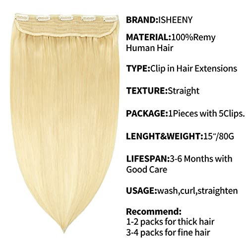 Isheeny Clip In Hair Extensions Real Human Hair Clip In Extensions One Pieces Blonde Seamless Clip In Hair Extensions Human Hair 15Inch Real Hair Extensions Clip In Human Hair 80g