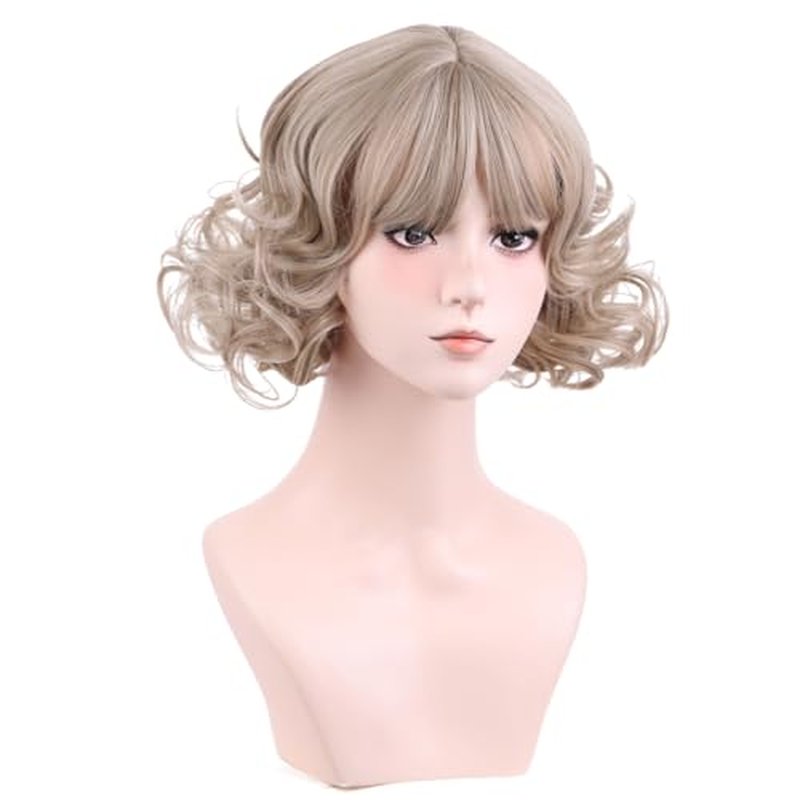 MAGQOO Ash Blonde Wig with Bangs Women Girls Short Curly Wavy Fluffy Wig Blonde Hair Wigs Halloween Cosplay Costume Party Wig