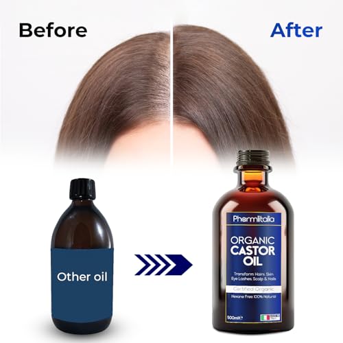 Pharmlitalia Organic Golden Castor Oil Cold Pressed Unrefined Glass Bottle - Hexane free Golden Castor Oil for face, hairs, Eyelashes, Skin care and Nails - 500ml
