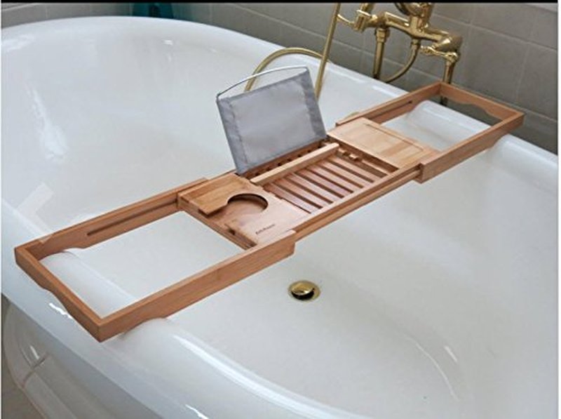 Bamboo Bathtub Tray - Wood Bath Caddy with Book, Phone, or Tablet Rest, Cup Holder, and Extended Sides for Bath Accessories by Home-Complete (Natural)