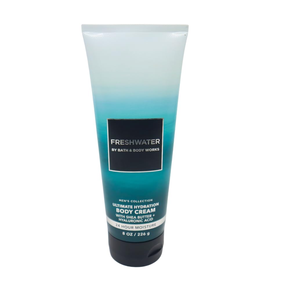Bath & Body Works Black Tie and Freshwater Ultimate Hydration Body Cream for Men 2pc bundle Gift Set with a Blue bow for Holiday - 8 oz each
