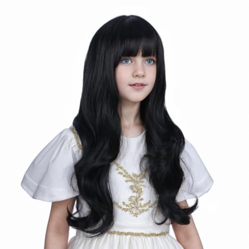 Ufindcos Black Wig with Bangs for Kids Long Wavy Curly Black Hair Wigs for Child Curly Black Wig for Girls Synthetic Wig with Wig Cap