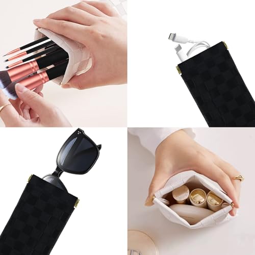 4 PCS Mini Leather Pocket Cosmetic Bag, Small Makeup Bags for Purse, Checkered Purse Self-closing Coin Lipstick Pouch for Women & Girls(White, Black)