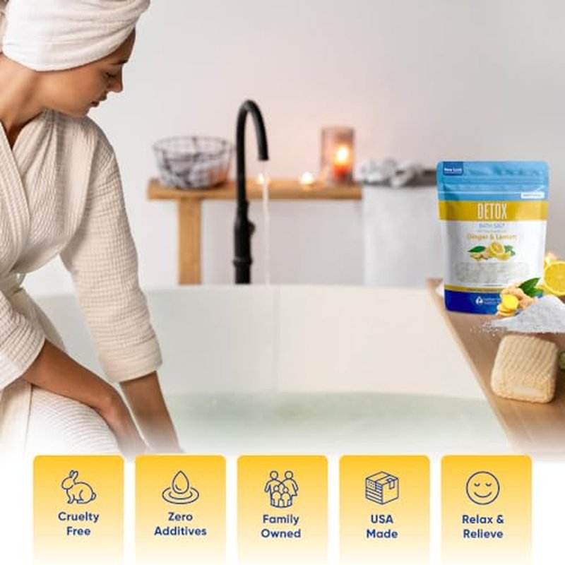 Detox Bath Salt 32 Ounces Epsom Salt with Natural Ginger and Lemon Essential Oils Plus Vitamin C in BPA Free Pouch with Easy Press-Lock Seal