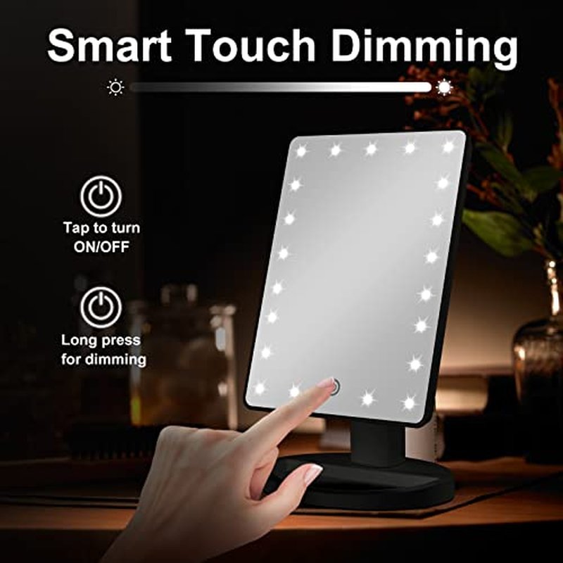 COSMIRROR Lighted Makeup Vanity Mirror with 10X Magnifying Mirror, 21 LED Lighted Mirror with Touch Sensor Dimming, 180°Adjustable Rotation, Dual Power Supply, Portable Cosmetic Mirror (Black)