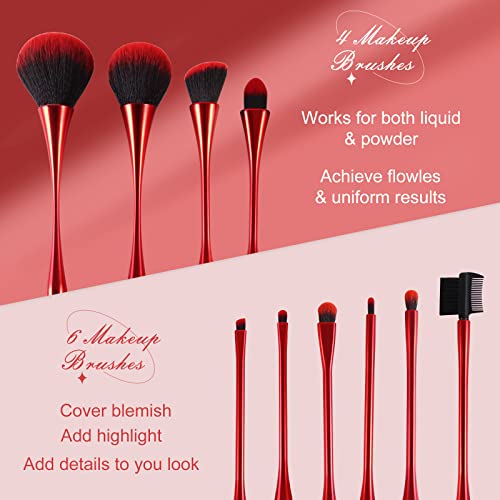 Makeup Brushes Set 10PCs Red Makeup Foundation Brush Advanced Foundation Blush Contour Foundation Concealer Eye Shadow Brush Makeup Set