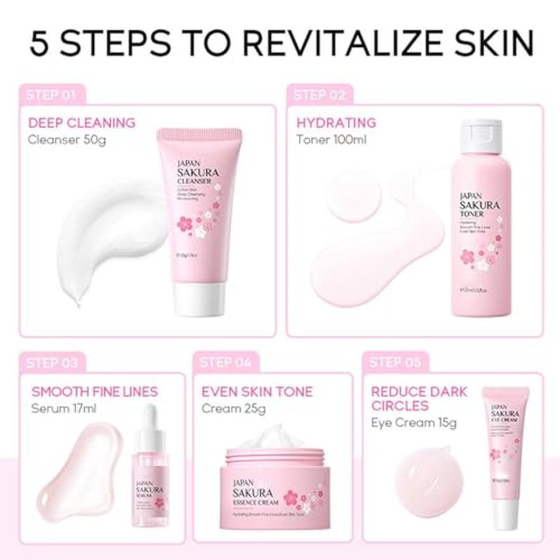 Skin Care Sets for Women/Girls JAPAN SAKURA Beauty Gift Sets Skincare Kit with Cleanser, Serum, Eye Cream, Face Cream Travel Pamper Sets for Women Gifts,Skin Care Sets & Kits