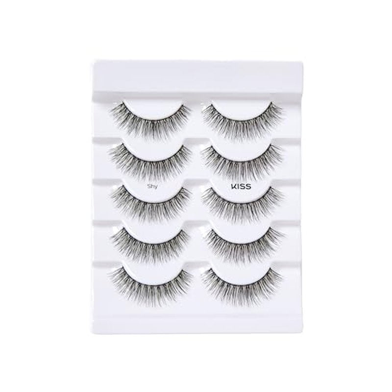 KISS Looks So Natural, False Eyelashes, Shy', 12 mm, Includes 5 Pairs Of Lashes, Contact Lens Friendly, Easy to Apply, Reusable Strip Lashes, Glue On (Pack of 2)