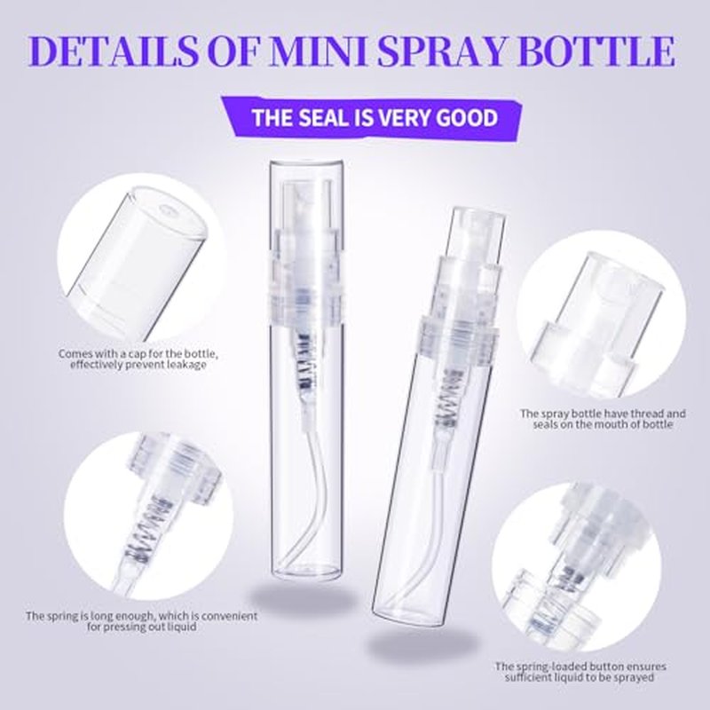Fandamei Mini Spray Bottle, 60PCS 2ml Mini Clear Plastic Spray Bottle Empty, Fine Mist Refillable Mini Perfume Bottle. Small Empty Sample Containers Bottle. 2ml, 60 Pack, Clear