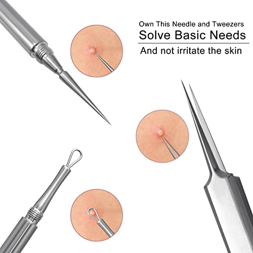 SGNEKOO Professional Facial Milia Removal Tool and Whitehead Extractor,Titanium Alloy Double Ended Needle and Steel Tweezers Kit,Blackhead,Blemish,Zit and Pimple Acne Remover Popper (Stainless Pink)