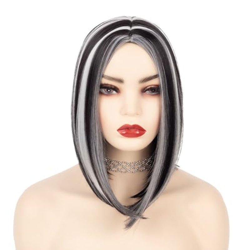 Salaibs Black White Bob Wigs for Women Straight Short Wig with White Highlight Synthetic Middle Part Heat Resistant Hair Wig for Daily Party Use