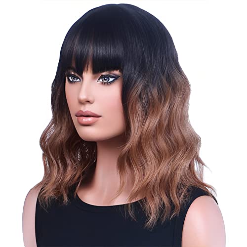 PATTNIUM Short Brown Wig for Women Brown Wig with Bangs Short Curly Wavy Wig Black to Brown Wig Short Brown Bob Wig Shoulder Length Bob Wig Heat Resistant Synthetic Wig with Wig Cap