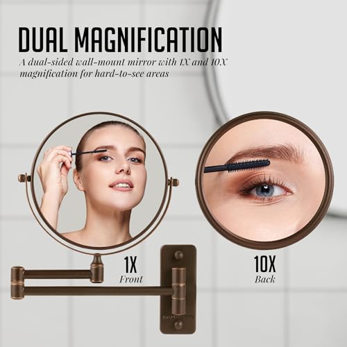 OVENTE 7" Wall Mounted Makeup Mirror with 1X/10X Magnification, Double Sided Magnifying Round Bathroom Vanity Mirror, 360° Swivel Design, Extendable and Folding Arm, Nickel Brushed MNLFW70BR1X10X