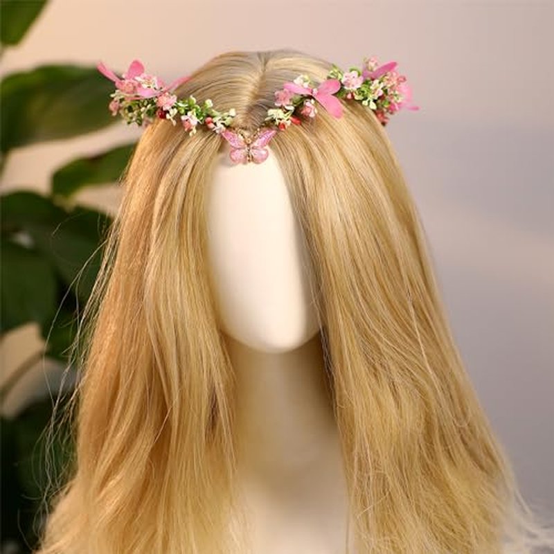 MOSTORY Pink Elf Flower Crown - Handmade Butterfly Fairy Headpiece Floral Circlet Woodland Tiara for Renaissance Renfaire Spring Wedding Fairy Costume Women Cosplay