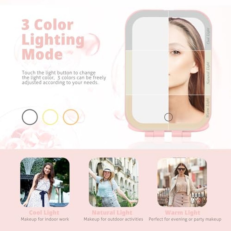 Puiuisoul Travel Makeup Mirror, Portable Mirror with Light, 3 Adjustable Light Settings USB-Rechargeable Vanity Mirror for Bedroom, Office, Home, Gift for Women and Girls (Pink)