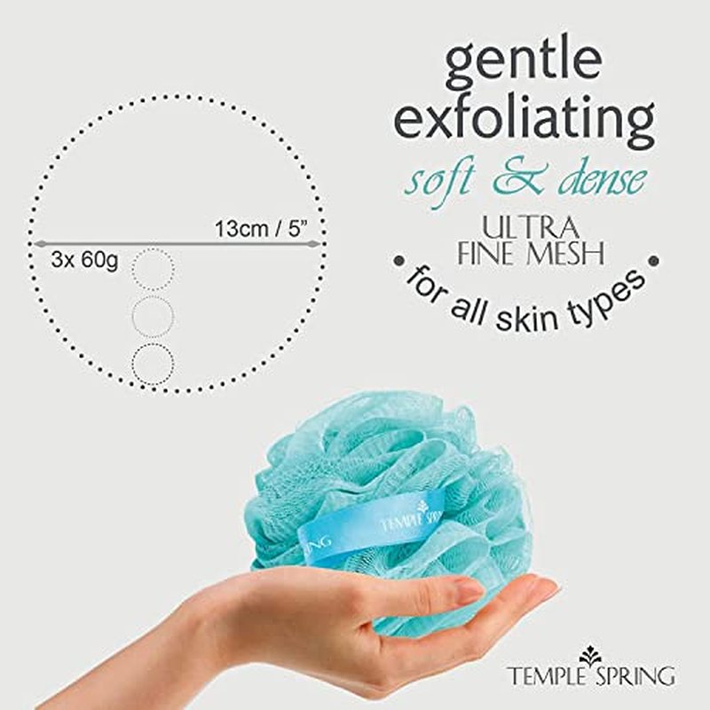 Temple Spring Shower Loofahs 3 Pack - Natural Recycled Shower Puffs for Body Set for Men and Women - Loofah Exfoliating Body Scrubber, Bath Poufs or Shower Scrunchie - Ocean Blue
