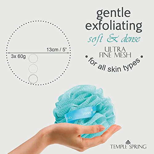 Temple Spring Shower Loofahs 3 Pack - Natural Recycled Shower Puffs for Body Set for Men and Women - Loofah Exfoliating Body Scrubber, Bath Poufs or Shower Scrunchie - Ocean Blue