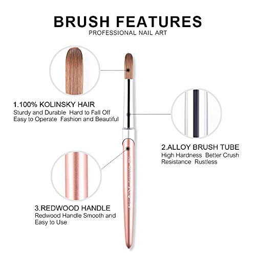 KADS 100% Kolinsky Sable Acrylic Brush Nail Brush for Acrylic Application Round Head Crimped Nail Art Brush Manicure Tool (SET)