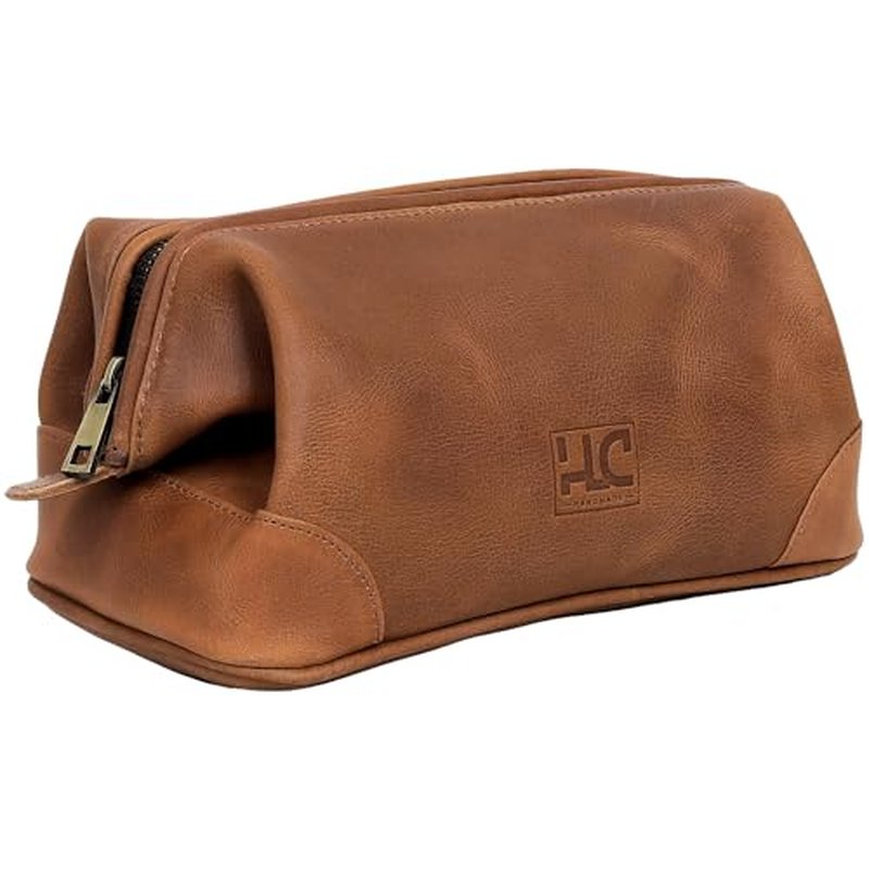 HLC Leather Toiletry Bag for Men - Best Gift for Men - Premium Genuine Leather Dopp Kit Shaving Kit Organizer Travel Kit Pouch Bag for Men - Large Size (Tan)