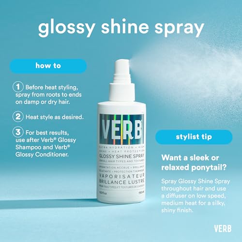 VERB Glossy Shine Spray with Heat Protection - for All Hair Types - Adds High Shine and Primes for Styling, 6.5 fl oz + VERB Glossy Shampoo, 12 fl oz + VERB Glossy Conditioner, 12 fl oz Bundle