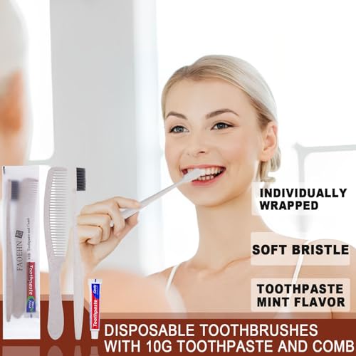 FAOEHN 10 Pack Apricot Disposable Toothbrushes with Toothpaste and Comb Set,10g Toothpaste,7inch Hair Comb,Individually Wrapped Disposable Travel Size Toothbrushes in Bulk for Homeless,Airbnb,Hotel