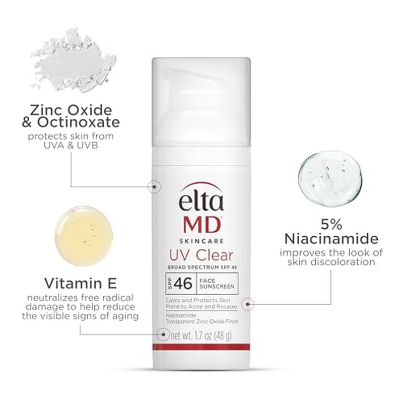 EltaMD UV Clear Face Sunscreen SPF 46, Oil Free Sunscreen with Zinc Oxide, Dermatologist Recommended Sunscreen, 0.5 oz