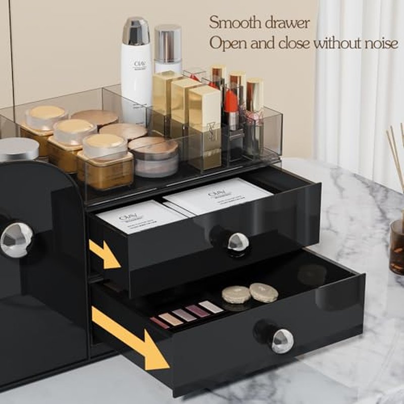 Makeup Organizer with Drawers,High-Capacity Skincare organizers,Makeup Brushes Holder,Make up organizers for Vanity,Cosmetic Display Cases,Bathroom Countertop Organizer(Black)