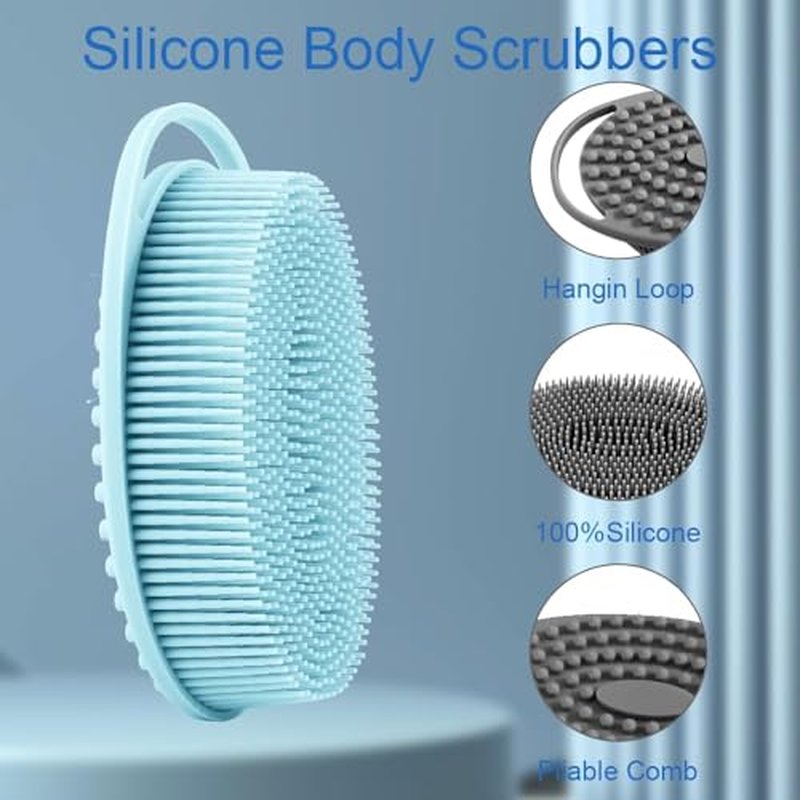 Silicone Body Scrubber, Exfoliating Silicone Body Shower, Silicone Loofah 2 in 1 Bath and Shampoo Brush, Body Scrubber Shower Cleaning Exfoliating for Sensitive Skin, Lather Well 2 PCS Black and Blue