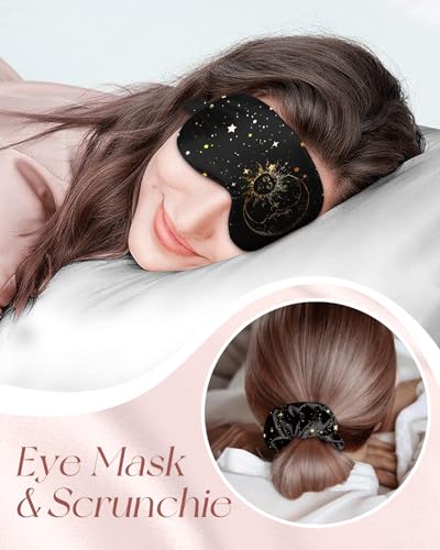 Miss Adola Silk Bonnet for Women - Mulberry Silk Sleep Cap for Hair Care with Eye Mask & Scrunchie 19 Momme Night Cap Sleeping Set with Elastic Stay On Head, Black Sun Moon