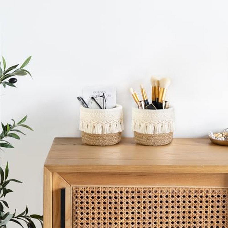 Mkono Macrame Makeup Brush Holder Organizer Comb Brushes Mini Storage Basket Set of 2 Boho Decor Baskets for Pen Pencil Box Container,Yellow and White
