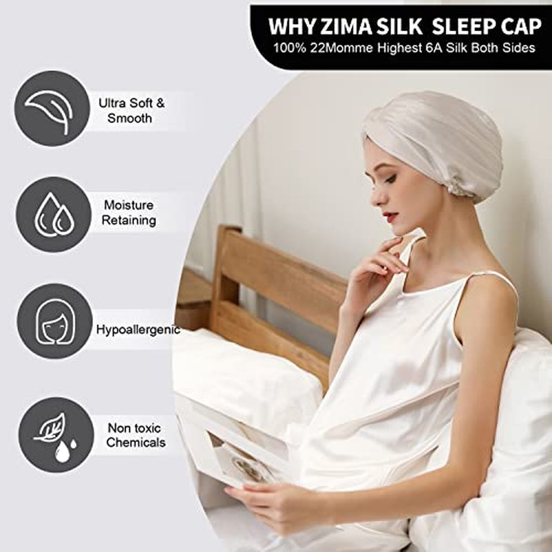 ZIMASILK 22 Momme 100% Mulberry Silk Bonnet for Sleeping & Women Hair Care, Highest Grade 6A Silk Hair wrap for Sleeping with Premium Elastic Stay On Head (1Pc, Beige)