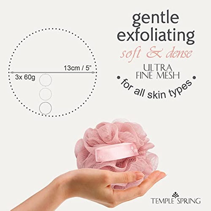 Temple Spring Shower Loofahs 3 Pack - Natural Recycled Shower Puffs for Body Set for Men and Women - Loofah Exfoliating Body Scrubber, Bath Poufs or Shower Scrunchie - Coral Pink