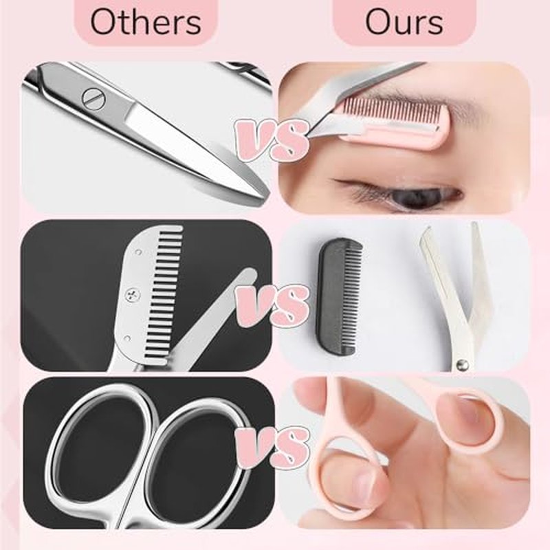 Eyebrow Trimmer Scissors for Women,Non-Slip Stainless Steel Eyebrow Scissors with Comb,2 in 1 Portable Professional Eyebrow Trimmer,Eyebrow Razor Makeup Tool (3 Pcs (Light Pink))
