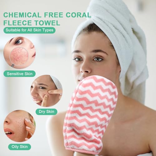 PHOGARY 6 Pack Bath Mitts Washcloths, Small Hand Towels with Hanging Loop, 5"x8" Super Absorbent Soft Coral Fleece Face Towels Kid Teen Adult Body Facial Cloths Machine Washable Cloth for Showering