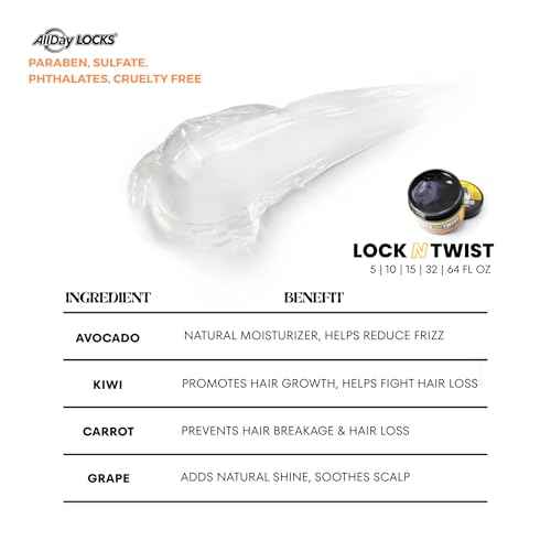 AllDay Locks Lock N Twist (5 oz) | Supreme Hold, No Frizz or Flaking | Hydrating, Nourishing Locking Gel | Grape & Avocado-Infused | Lock & Twist Braids, Locks, Twists, Cornrows | 5 oz