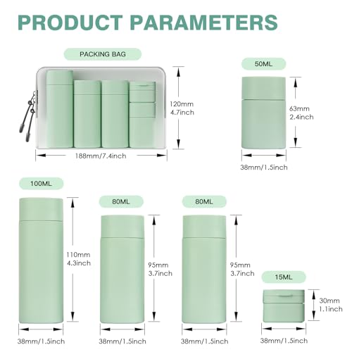 Travel Bottles for Toiletries, 5 Pack Travel Size Containers, TSA Approved Leak Proof Refillable Portable Travel Toiletry Bottles Set with Clear Toiletry Bag for Shampoo Conditioner, Lotion (Green)